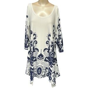 NWT White Mark Navy Blue & White Damask Shark-bite Tunic Top Pockets - XL